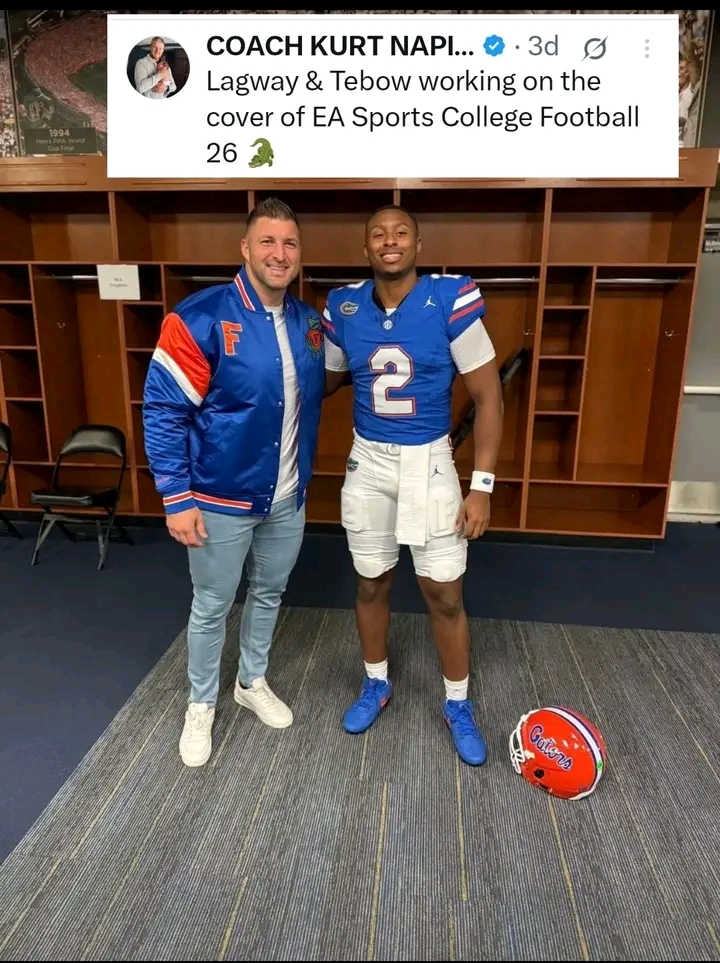 DJ Lagway and Tim Tebow are working on the cover of CFB26 ..Lagway would be the first Gator since Tim Tebow to make an appearance on an EA CFB cover 